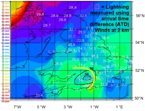 Fig. 6.GPS integrated water vapour processed by the Met Of-ﬁce/University of Nottingham system, 24 June 2005, 14:00 UTC.Contours give values of IWV in kg m−2