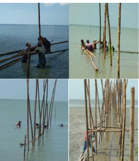 Fig. 3.(a) Construction of bamboo pole and wood beam, (b) connection made by tied using rope