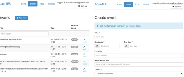 Fig. 7. Screenshots of the admin interface. On the left is the event listing page and on the right is the form for creating an event.