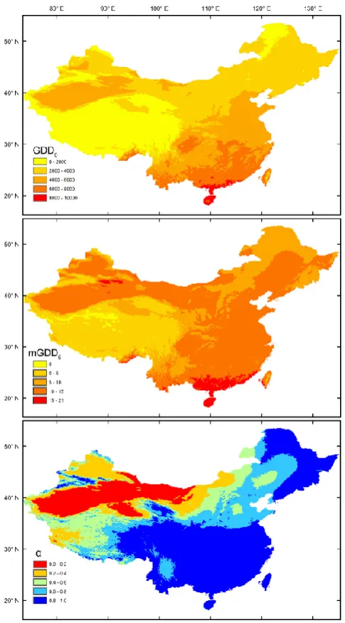 Fig. 2. The distribution pattern of the three bioclimatic predictorsavailable moisture (riod above 5used to construct models for each vegetation class: annual accumu-lated temperature above 0 ◦C (GDD0), mean temperature of the pe- ◦C (mGDD5), and the Cramer–Prentice index of plant-α).