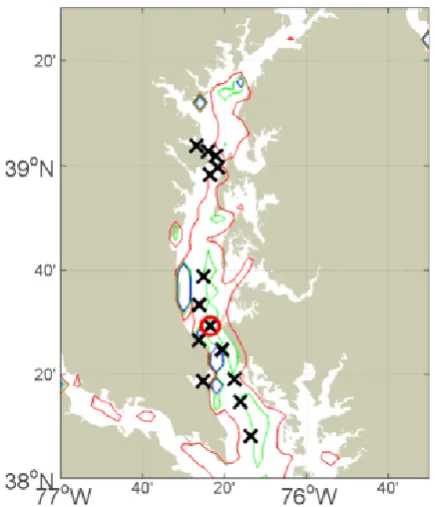 Fig. 1. The sampling locations and bathymetry (red, green and bluecontours: 5, 15 and 25 m water depths) in the Chesapeake Bay