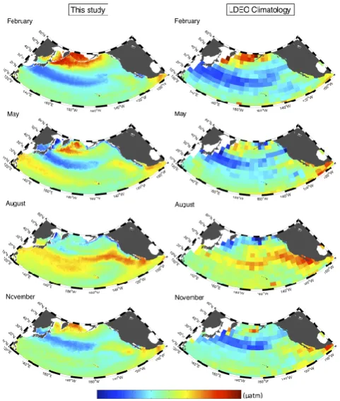 Fig. 6. TheestimatedSOM including SSS pCOsea2variations in the area (36–38◦ N, 138–142◦ W) where the North Paciﬁc Current ﬂows, estimated by the four-parameter (a) and the three-parameter SOM without SSS (b)