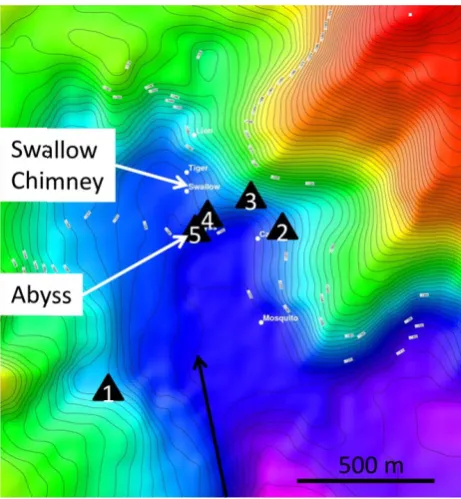 Fig. 1. Fig. 1  Bathymetric map of the working area. The microproﬁler lo-cations are indicated, at 550 m (1, Reference, MP1 2010), 125 m (2,MP2 2010), 100 m (3, MP3 2008), 10 m (4, MP1 2008) and 0.5 m(5, MP2 2008) distance from Abyss Vent