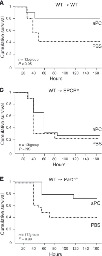 Figure 1Mortality reduction by aPC requires EPCR and PAR1 expression in BM-derived cells