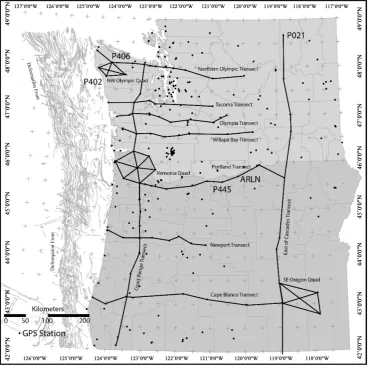 Figure 3. Map showing global positioning system fixed reference stations in the pacific northwest, strain transects, and strain ellipses presented in this paper