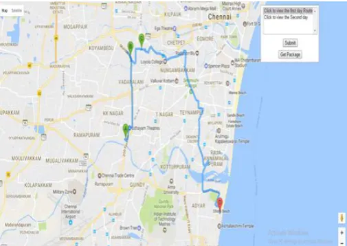 FIG - 9 :  TRAVEL PLAN MAPPING Figure 9 shows the plan for day1 and day2 by clicking route map we will get to know the route plans for both days.Figure 10 shows route map  which contains the sequence of travelling for the users with starting point and dest