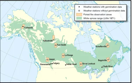 Fig. 2. Map showing the range of white spruce (Little, 1971) with cone collection locations, weather station locations, germination studylocations, and forest ﬁre observation areas.