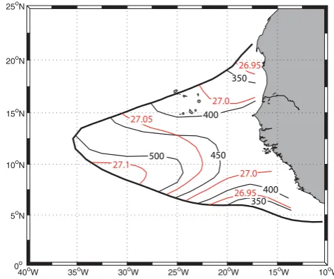 Fig. 2. Vertical position of the deep oxygen minimum core in depthcoordinates (black isolines, metres) and in potential density coordi-nates (red isolines, kg m−3)