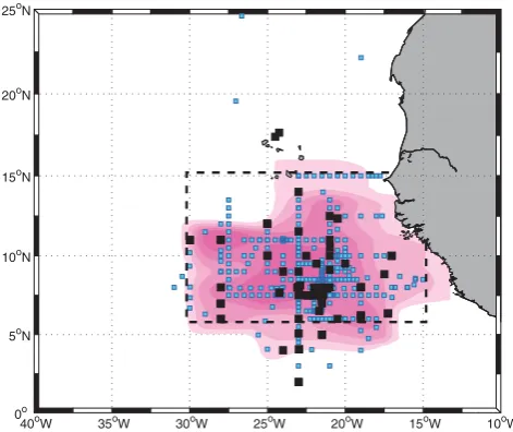 Fig. 3. Minimum covered area of tracer patch after 30 months (ma-genta ﬁlled contour) as well as locations of microstructure mea-surements (black squares) and stations with shear data from 75 kHzvessel-mounted ADCP (blue squares) during cruises in the peri