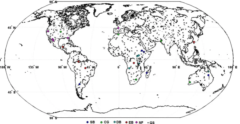 Fig. 2. Location of the 25 sites being selected (◦) (Table 2) and the 384 sites used to simulate gaps in the data (×)
