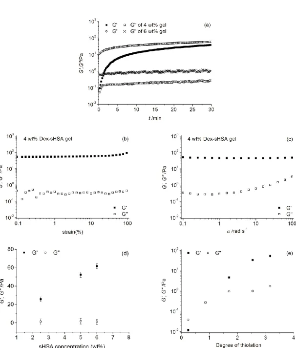Figure 3. Oscillatory rheometry of Dex-sHSA hydrogels at 37 °C. (a) Time sweep of 4 wt% and 6 wt% hydrogels at 1 rad s -1  and 5% 