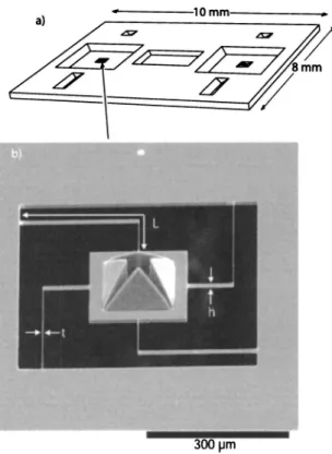 FIG. 1. Schematic of the “Tribolever®” device 共a兲. The prototype chip 共10 mm⫻8 mm兲 includes two force sensors, each with its own set of  kine-matic mounts