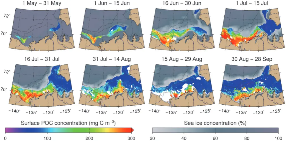 Fig. 3. MERIS composites of surface POC concentrations from May to September 2009 in the southeast Beaufort Sea as estimated with anempirical relationship established between in situ POC and the blue-to-green ratio of remote-sensing reﬂectance (490, 560 nm