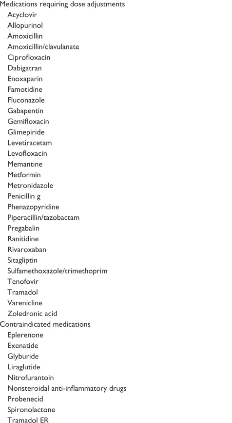 Table 1 Commonly used drugs that require renal dose adjustments or are contraindicated at variable GFR thresholdsa