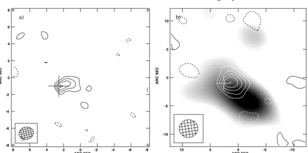 Fig. 5. a) Naturally weighted CO J = 1−0 map of the broad component obtained by combining the entire data-set and tapering it with a Gaussian with a half-width at 0.30 amplitude of 200 k λ