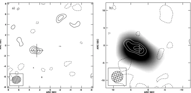 Fig. 7. a) The narrow component tapered at 200 kλ. The resolution is 1  .72 × 1  .42 at PA = 285 ◦ 