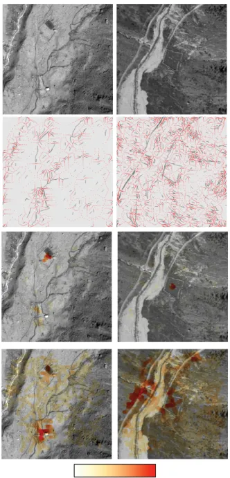 Figure 5. First row: 600 × 600 satellite ( c GeoEye 2011) and aerial (SWISSTOPO) images of 0.5m resolution with structures corresponding to livestock enclosures in Fig