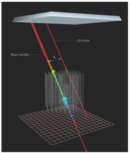 Figure 1. Simulated muon double-track event in IceCube. Redlines show the true muon tracks while colored dots represent hitsin the detector
