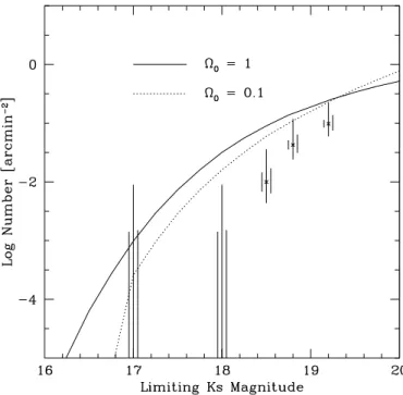 Fig. 14. The observed integral number densities of EROs with R − Ks≥6 (Table 3) are compared with the extreme PLE model described in the text