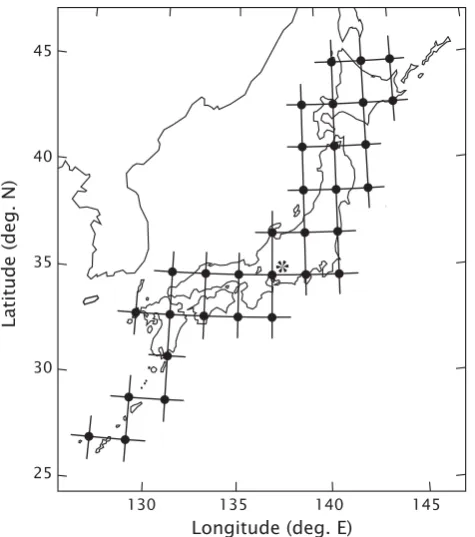 Fig. 1. 32 grid points on which TECs were determined at 15-minintervals.