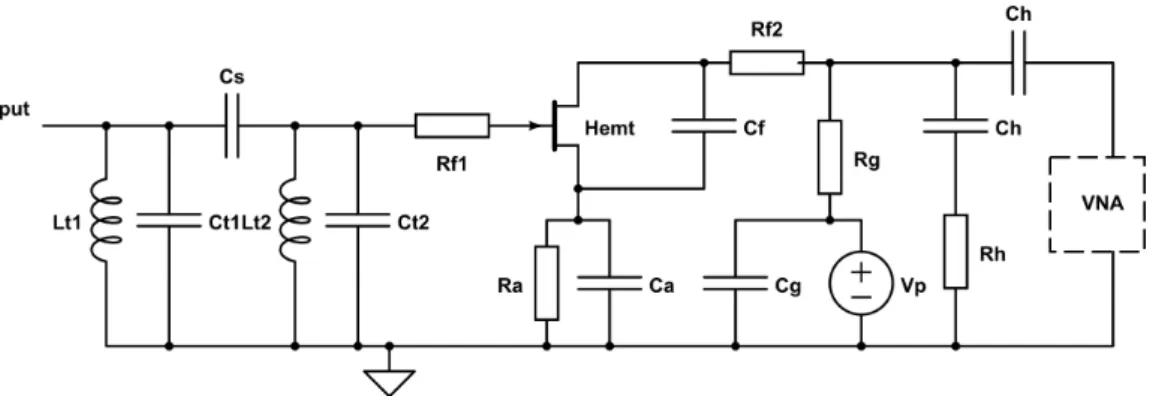 Figure 3.7: Schematic drawing of the double tank amplifier circuit connected to a tunnel junction (resistor R j and capacitor C j )