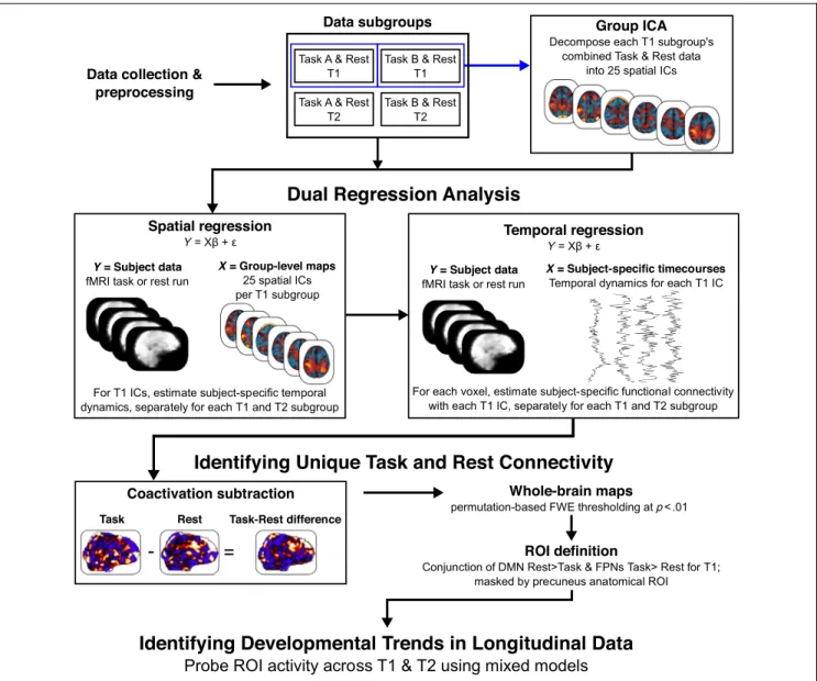 Figure 1. Schematic diagram of analytic approach (adapted from Utevsky et al., 2014). After data were collected and preprocessed, each task data set was paired with the corresponding rest data set for the same subgroup of participants