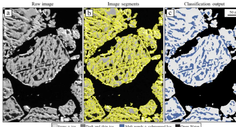 Figure 3. Visual representation of important steps in the image processing workﬂow. Panelmation are shown overlain on top of the image in panel (a) shows preprocessed panchromatic WorldView2 satellite imagery, taken on 1 July 2014