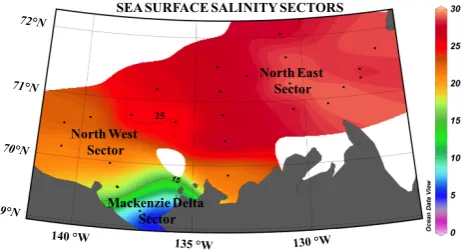 Figure 2. Map of the sea surface salinity illustrating the different surface salinity sectors observed during the study: Mackenzie Delta Sector (salinity < 15), North West Sector (15 < salinity < 25) and North East Sector (salinity > 25)