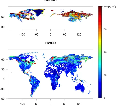 Fig. 1. Carbon density [kg m−2] in the top 1 m of soil from theNorthern Circumpolar Soil Carbon Database (NCSCD) (Tarnocaiet al., 2009) and Harmonized World Soil Database (HWSD)(FAO/IIASA/ISRIC/ISSCAS/JRC, 2012).