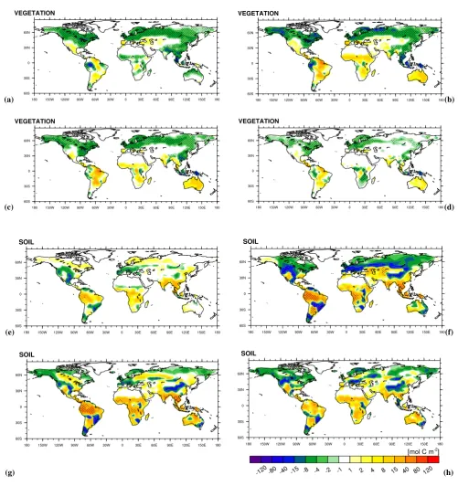Fig. 14. Maps of ensemble mean land carbon pool anomalies.2, (a–d): vegetation; (e–h): soil