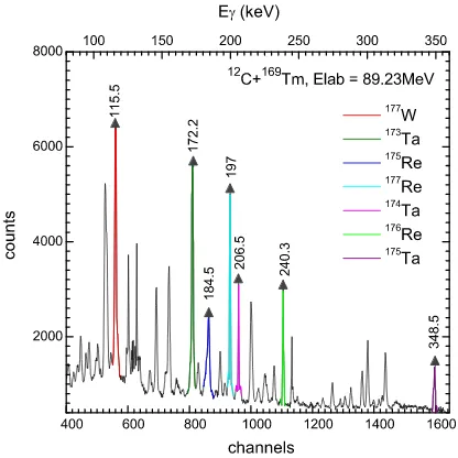 Figure 1. A representative section ofjectile energy Ecorresponding to diulated via CF and γ-spectra obtained at pro-lab ≈ 89.23 MeV in 12C+169Tm system