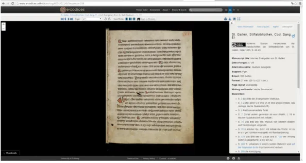 Figure 2: Manuscript view of  a single page, with window for textual information on the right, St