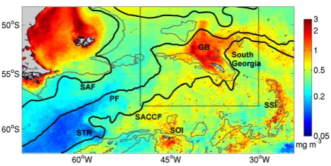 Fig. 2. Bathymetry (in colour) and climatological circulation (blacklines) in the South Georgia region