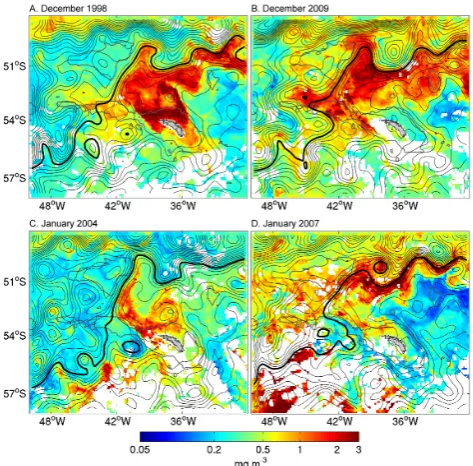 Fig. 4. Monthly composites of Chlconcomitant dynamic topography isopleths (black lines) for a concentrations (colour) and (A) De-cember 1998, (B) December 2009, (C) January 2004 and (D) Jan-uary 2007, respectively