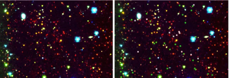 Figure 5. Left panel: gz  3.6 μm color composite of the cluster SpARCS J022427-032354