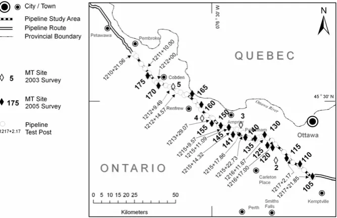 Fig. 3.  Location of individual MT sites and test posts along the study area. Test posts near a MT site are marked with identiﬁcation numbers.Figure 3