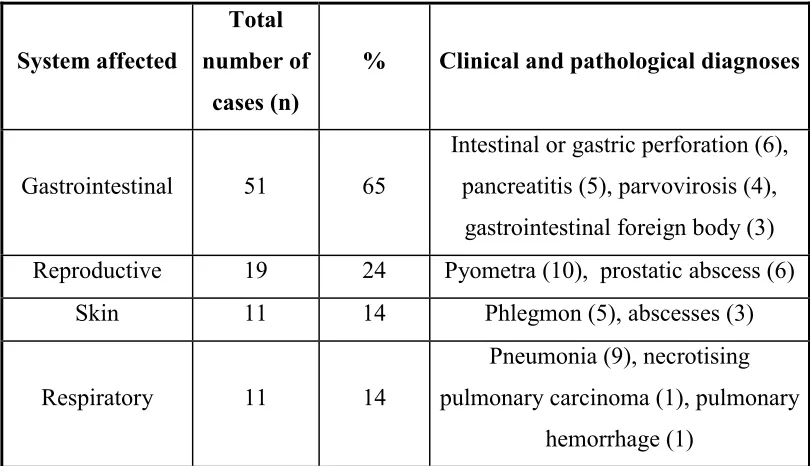 Table 3: The most frequent final clinical and pathological diagnoses. Most dogs 