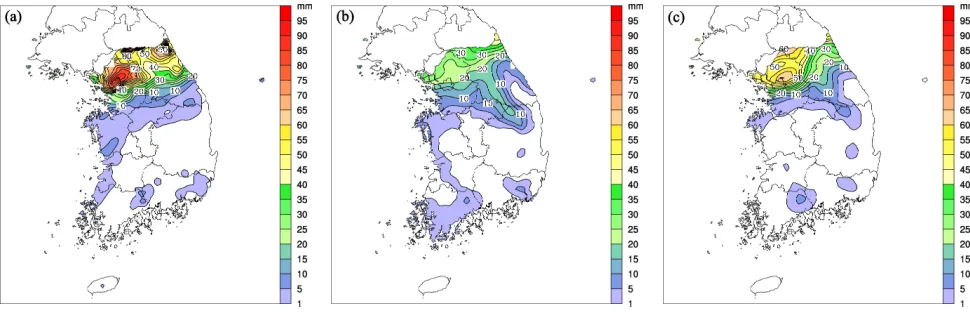 Fig. 2.andFig. 2. A 6-hr accumulated precipitation (in mm) of (a) observation from 592 rain gauge data, and experiments with (b) the default parameters (c) A 6-h accumulated precipitation (in mm) of the GA-estimated parameters, ending at 18:00 UTC 26 June 