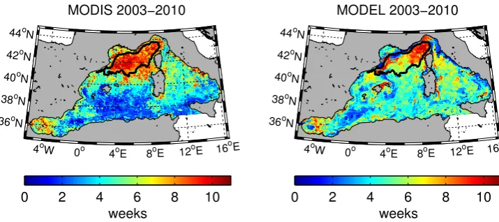 Fig. 4. Maximum range of bloom start date from MODIS data (left) and model estimate (right).