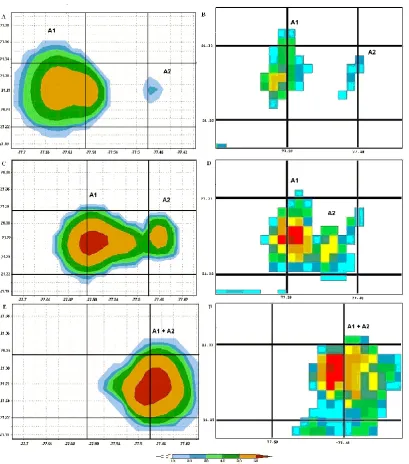 Fig. 4. Temporal evolution of the merger cells A1+A2 for 21 July 2001. (A, C, E): calculated reﬂectivity at h=3 km at 9600, 10 800 and12 000 s