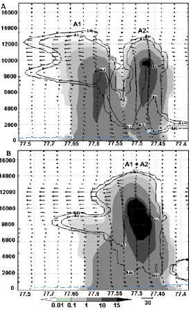 Fig. 6. Vertical cross section in Sim1. The shaded area represents qr+qh+qs, solid lines qc+qi, arrows represent wind velocity