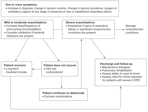 Figure 1 Treatment algorithm for patients with exacerbations. Abbreviation: Adapted from the Global Initiative for Chronic Obstructive Lung Disease guidelines,1 Anthonisen et al,36 and Celli et al.37 COPD, chronic obstructive pulmonary disease.
