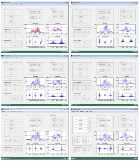 Figure 5. Iterative inplementation of cross-gradients joint inversion. Observed data (red lines), current predicted data (blue lines), model updates and cross-gradients array (also blue lines in the following graphs) are displayed at each iteration