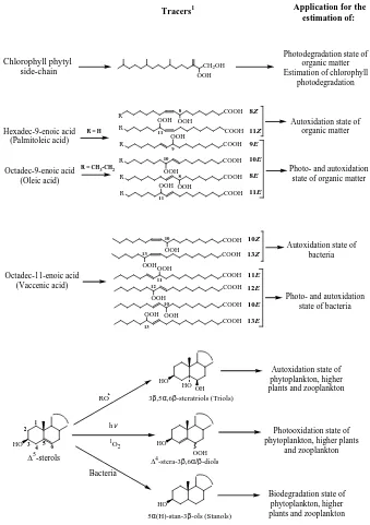 Fig. 2. Formulae and potential applications of the different lipid tracers of degradation processes employed in the present work.after NaBH 1Quantiﬁed4-reduction to the corresponding alcohols and subsequent silylation.