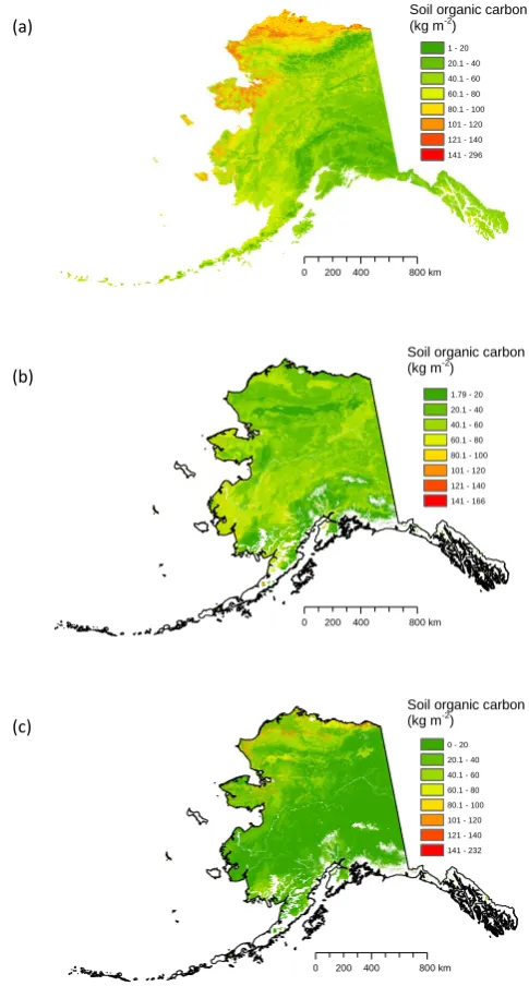 Figure 1.  whole-proﬁle, (b)active-layer, andFig. 1. Predicted soil organic carbon stocks in (c)  (a) permafrost layers in Alaska.