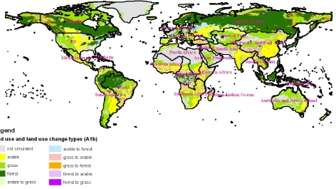 Fig. 1. Areas under the A1b scenario that are continuously covered by arable, grassland and forest from 1971 to 2100