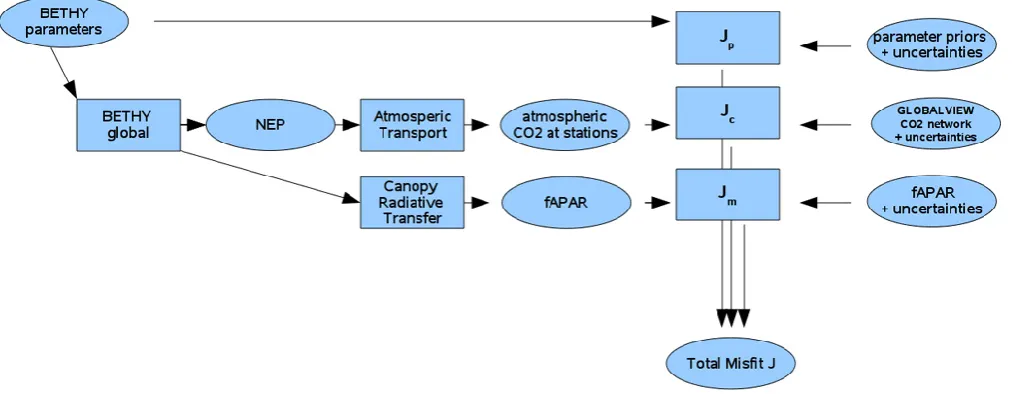 Fig. 1. Flow of information for evaluation of the cost function. J is the sum of the cost function contributions from the individual informationitems