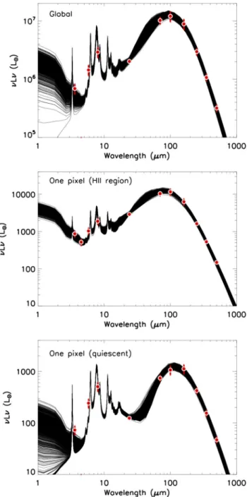 Figure 3. The global SED and two local SEDs (from one ISM element in N11B and one element from the more quiescent ISM) modelled with the Galliano et al
