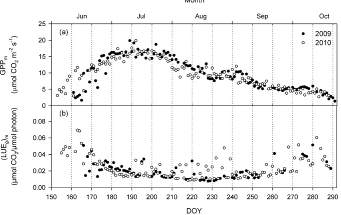 Fig. 5. Seasonal variation of midday carbon variables in 2009 (ﬁlled circles) and 2010 (open circles): (a) gross primary production (GPPm,µmol CO2 m−2 s−1) and (b) green LUE ((LUEg)m, µmol CO2 µmol−1 photon).