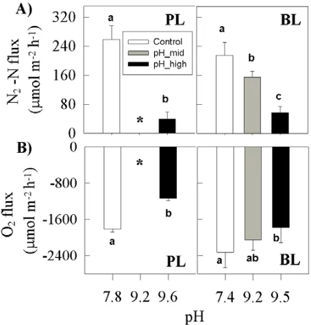 Figure 6. Experimental pH effects on denitrification rates (A) and oxygen consumption rates (B) of sediments from the Powerline (PL) and Budds Landing (BL) sites